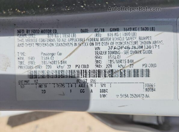 3FADP4BJ8JM130171 2018 FORD FIESTA Белый Вид наклейки с VIN-кодом