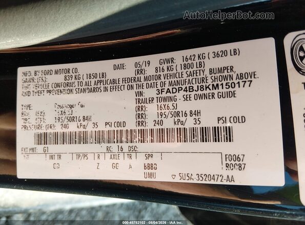 3FADP4BJ8KM150177 2019 FORD FIESTA Черный Вид подкапотного пространства