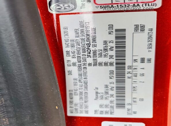 3FADP4BJ9KM161513 2019 FORD FIESTA Orange Vista de la etiqueta del VIN