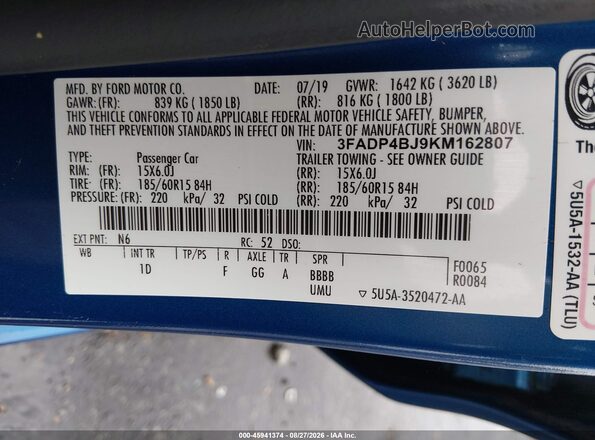 3FADP4BJ9KM162807 2019 FORD FIESTA Blue Вид підкапотного простору