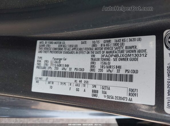 3FADP4BJXGM130312 2016 FORD FIESTA Gray Engine compartment view