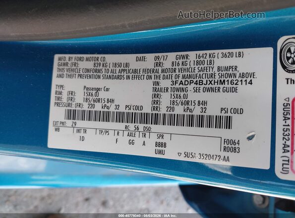3FADP4BJXHM162114 2017 FORD FIESTA Blue Engine compartment view