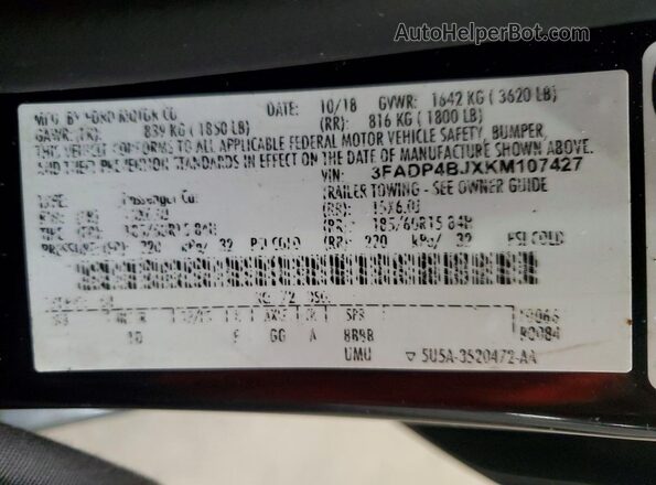 3FADP4BJXKM107427 2019 FORD FIESTA Blue Vista del compartimento del motor