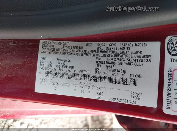 3FADP4CJ5GM175138 2016 FORD FIESTA Красный Вид подкапотного пространства