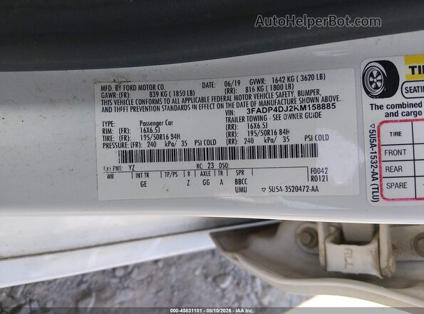 3FADP4DJ2KM158885 2019 FORD FIESTA White Вид підкапотного простору