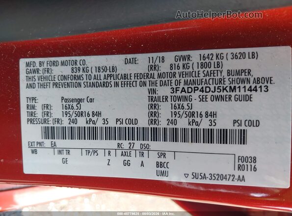 3FADP4DJ5KM114413 2019 FORD FIESTA Orange Շարժիչի բաժամունքի տեսք