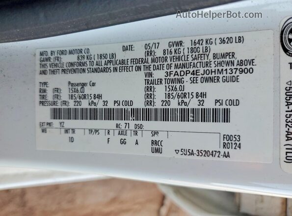 3FADP4EJ0HM137900 2017 FORD FIESTA White ძრავის განყოფილების ხედი