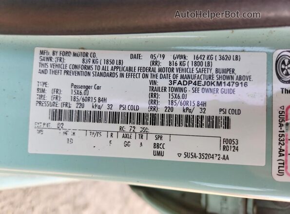 3FADP4EJ0KM147916 2019 FORD FIESTA Бирюзовый Вид подкапотного пространства