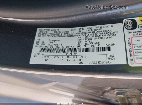 3FADP4EJ1KM130655 2019 FORD FIESTA Gray Շարժիչի բաժամունքի տեսք