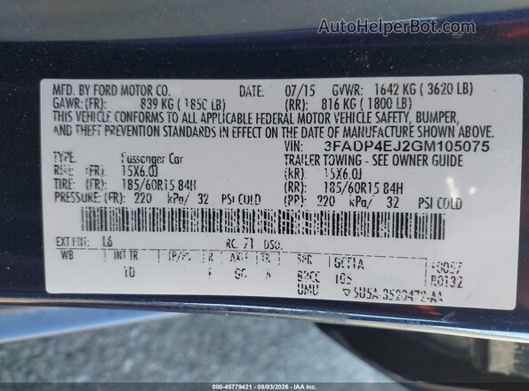 3FADP4EJ2GM105075 2016 FORD FIESTA Blue Շարժիչի բաժամունքի տեսք