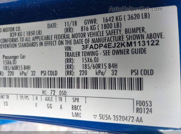 3FADP4EJ2KM113122 2019 FORD FIESTA Blue Engine compartment view
