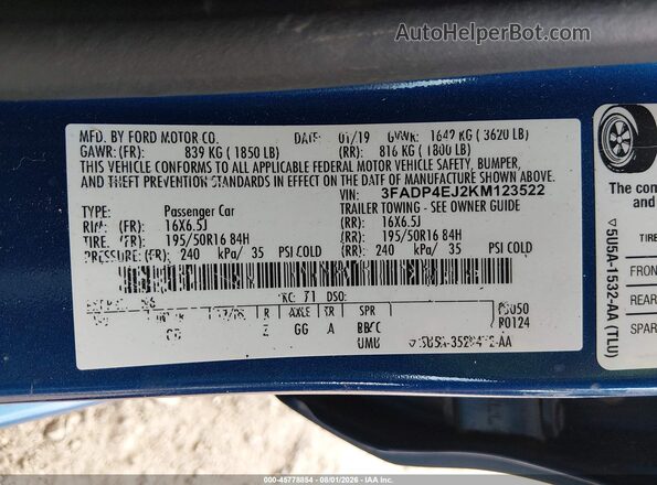 3FADP4EJ2KM123522 2019 FORD FIESTA Blue Engine compartment view