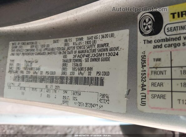 3FADP4EJ3GM113024 2016 FORD FIESTA Серебряный Вид подкапотного пространства
