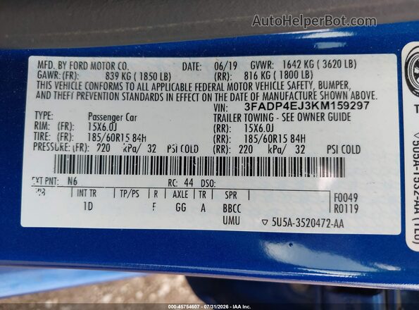 3FADP4EJ3KM159297 2019 FORD FIESTA Blue Вид підкапотного простору