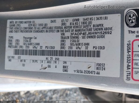 3FADP4EJ6HM152692 2017 FORD FIESTA Silver Widok komory silnika
