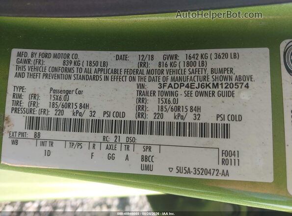 3FADP4EJ6KM120574 2019 FORD FIESTA Green Vista del compartimento del motor
