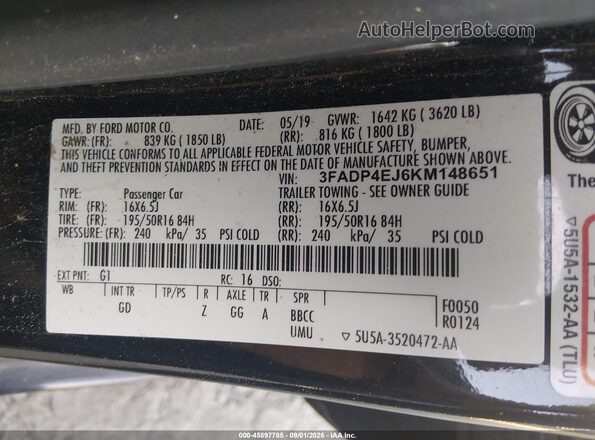3FADP4EJ6KM148651 2019 FORD FIESTA Black ძრავის განყოფილების ხედი