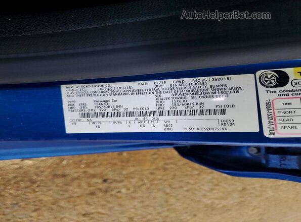 3FADP4EJ6KM162338 2019 FORD FIESTA Blue Vista del compartimento del motor