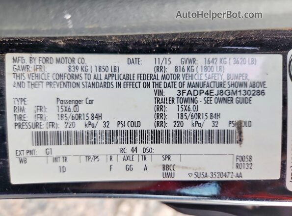 3FADP4EJ8GM130286 2016 FORD FIESTA Black Vista de la etiqueta del VIN