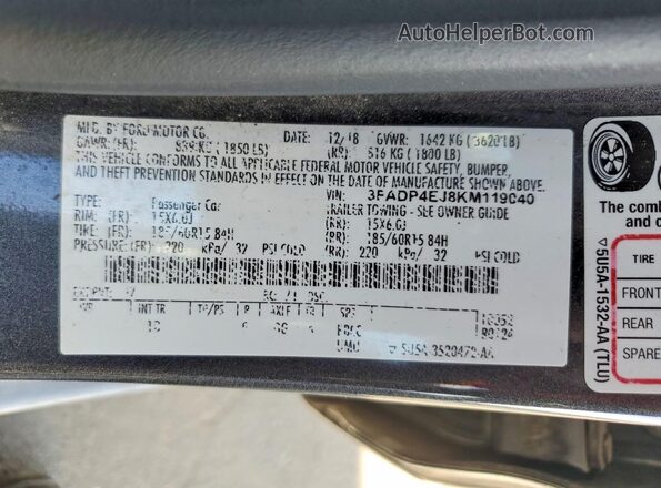 3FADP4EJ8KM119040 2019 FORD FIESTA Charcoal Շարժիչի բաժամունքի տեսք