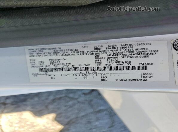 3FADP4EJ8KM133987 2019 FORD FIESTA White Вид підкапотного простору