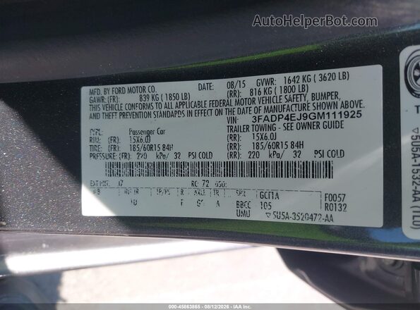 3FADP4EJ9GM111925 2016 FORD FIESTA Gray Вид підкапотного простору