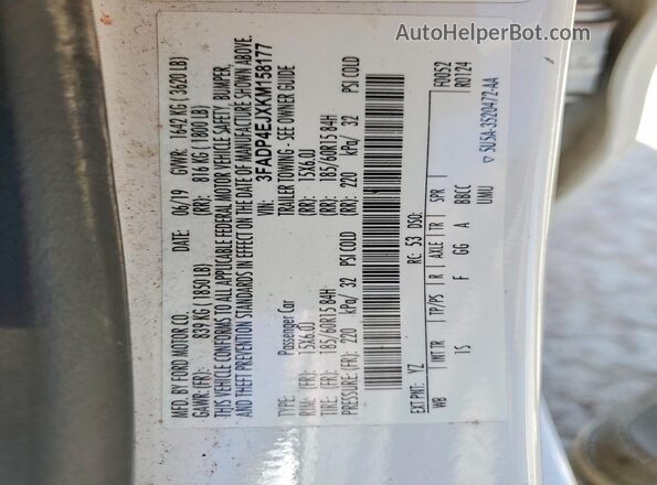 3FADP4EJXKM158177 2019 FORD FIESTA White Вид підкапотного простору