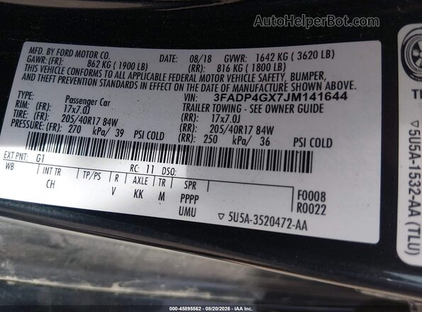 3FADP4GX7JM141644 2018 FORD FIESTA Black Вид підкапотного простору