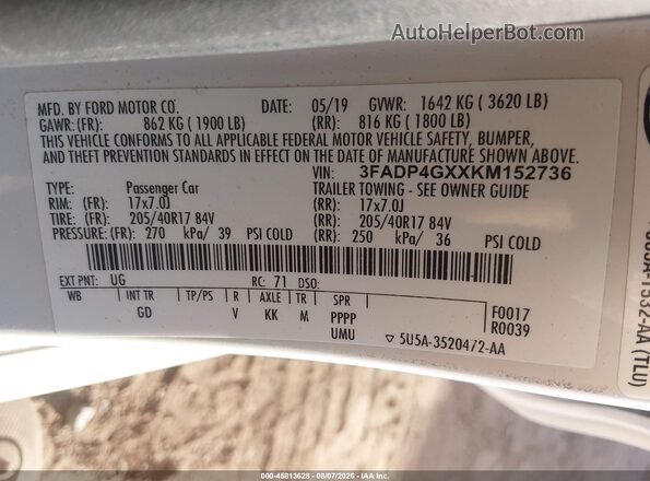 3FADP4GXXKM152736 2019 FORD FIESTA White Vista del compartimento del motor