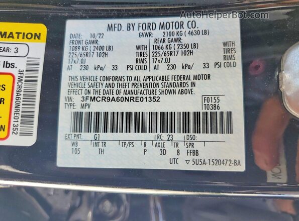 3FMCR9A60NRE01352 2022 FORD BRONCO Black Вид наклейки з VIN-кодом
