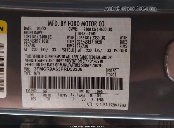 3FMCR9A63PRD58306 2023 FORD BRONCO SPORT Серый Вид подкапотного пространства