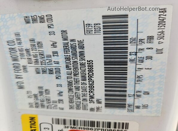 3FMCR9B62PRD86855 2023 FORD BRONCO White Widok naklejki z numerem VIN