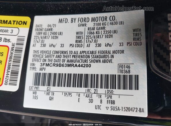3FMCR9B63MRA44200 2021 FORD BRONCO SPORT Black Вид підкапотного простору