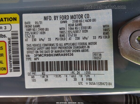 3FMCR9B63MRA99536 2021 FORD BRONCO SPORT Blue Вид підкапотного простору