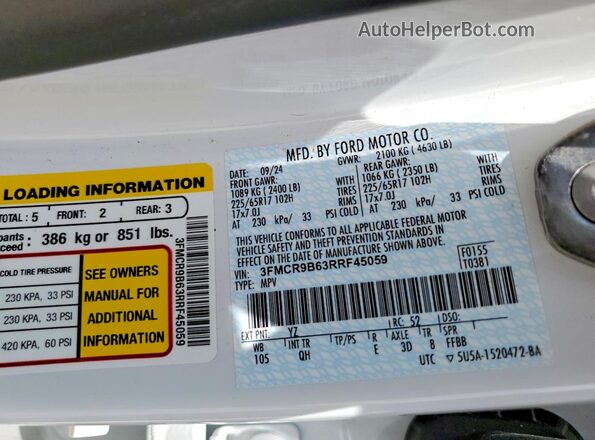3FMCR9B63RRF45059 2024 FORD BRONCO White VIN կոդի պիտակի տեսք