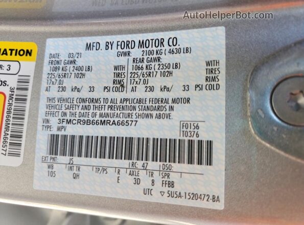 3FMCR9B66MRA66577 2021 FORD BRONCO Gray Widok naklejki z numerem VIN