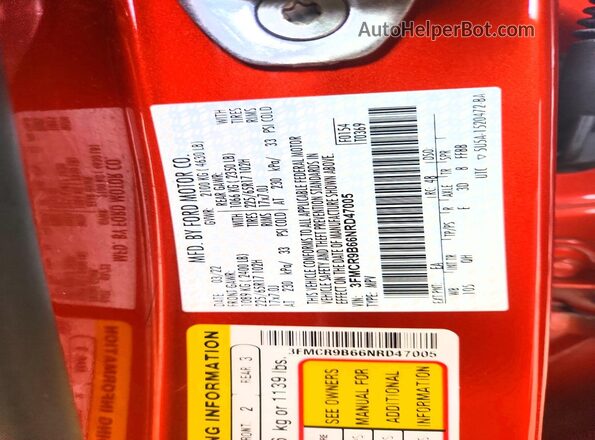 3FMCR9B66NRD47005 2022 FORD BRONCO Red Вид наклейки з VIN-кодом