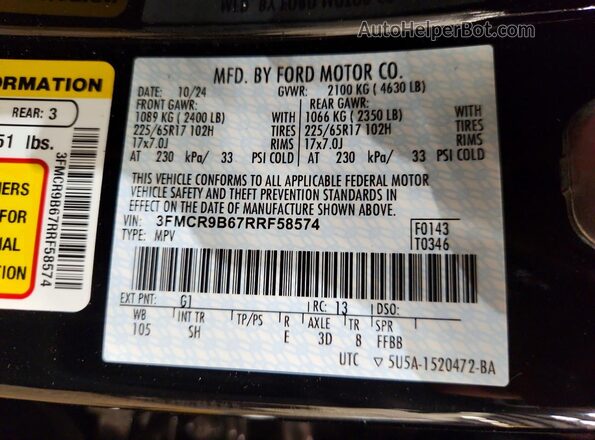 3FMCR9B67RRF58574 2024 FORD BRONCO Black Widok naklejki z numerem VIN