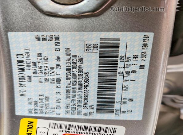 3FMCR9B68PRD50345 2023 FORD BRONCO Silver VIN კოდის სტიკერის ხედი