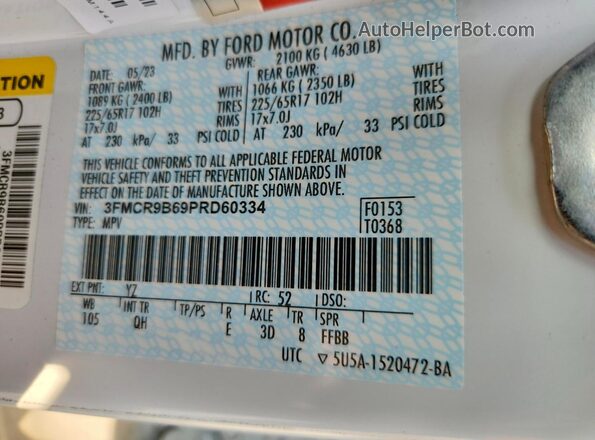 3FMCR9B69PRD60334 2023 FORD BRONCO White VIN კოდის სტიკერის ხედი