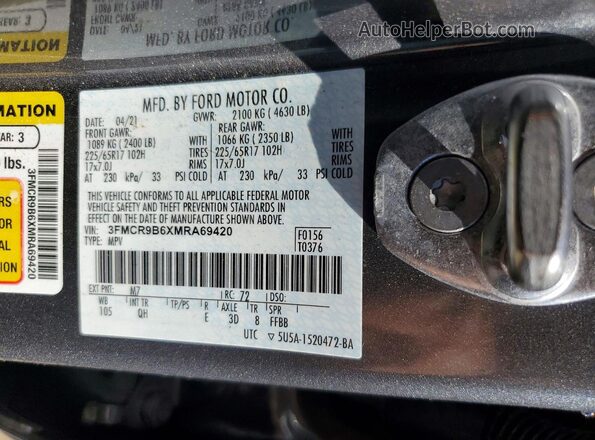 3FMCR9B6XMRA69420 2021 FORD BRONCO Gray VIN sticker view