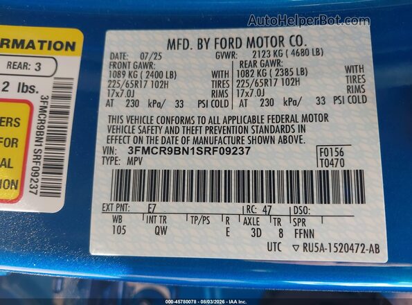 3FMCR9BN1SRF09237 2025 FORD BRONCO SPORT Blue Շարժիչի բաժամունքի տեսք