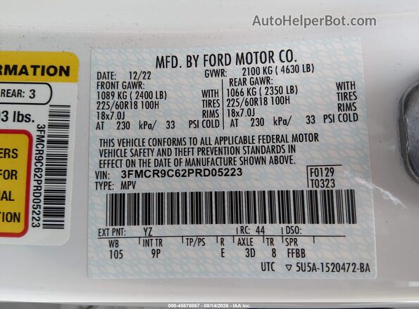 3FMCR9C62PRD05223 2023 FORD BRONCO SPORT White Вид підкапотного простору