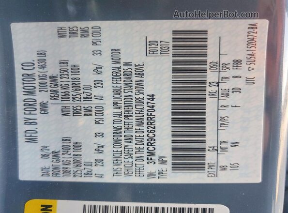 3FMCR9C62RRF04744 2024 FORD BRONCO Blue VIN կոդի պիտակի տեսք