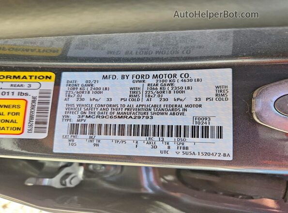 3FMCR9C65MRA29793 2021 FORD BRONCO Gray VIN կոդի պիտակի տեսք
