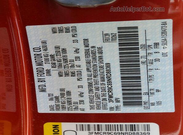 3FMCR9C69NRD88369 2022 FORD BRONCO Orange Widok naklejki z numerem VIN