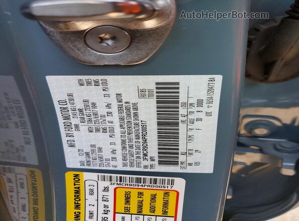 3FMCR9D94PRD00517 2023 FORD BRONCO Blue Vista de la etiqueta del VIN