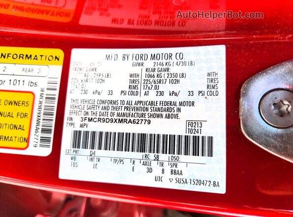 3FMCR9D9XMRA62779 2021 FORD BRONCO Красный Вид подкапотного пространства