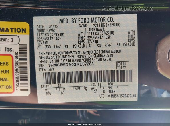 3FMCR9DA0SRE67203 2025 FORD BRONCO SPORT Black ძრავის განყოფილების ხედი