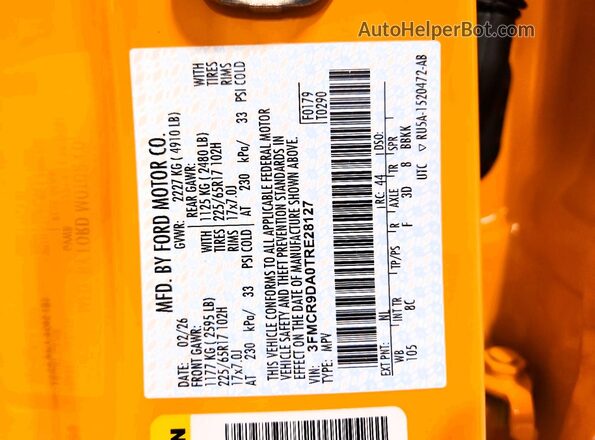3FMCR9DA0TRE28127 2026 FORD BRONCO Оранжевый Вид наклейки с VIN-кодом